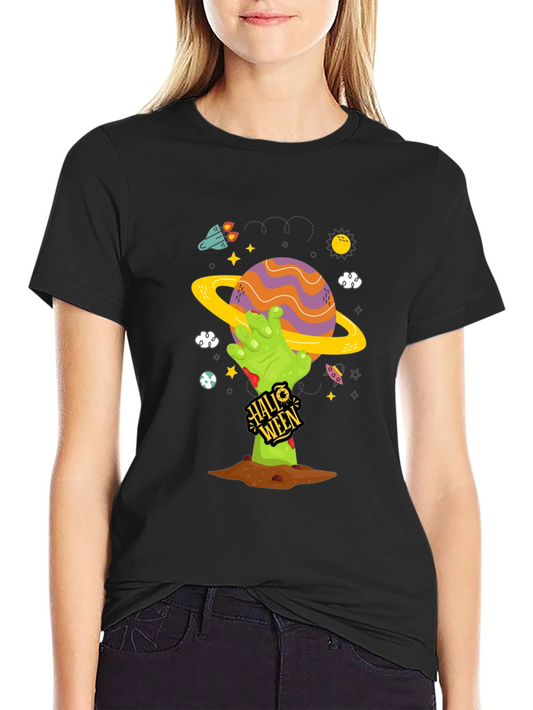 Spooky Halloween Planet T-Shirt - Zombie Hand Tee