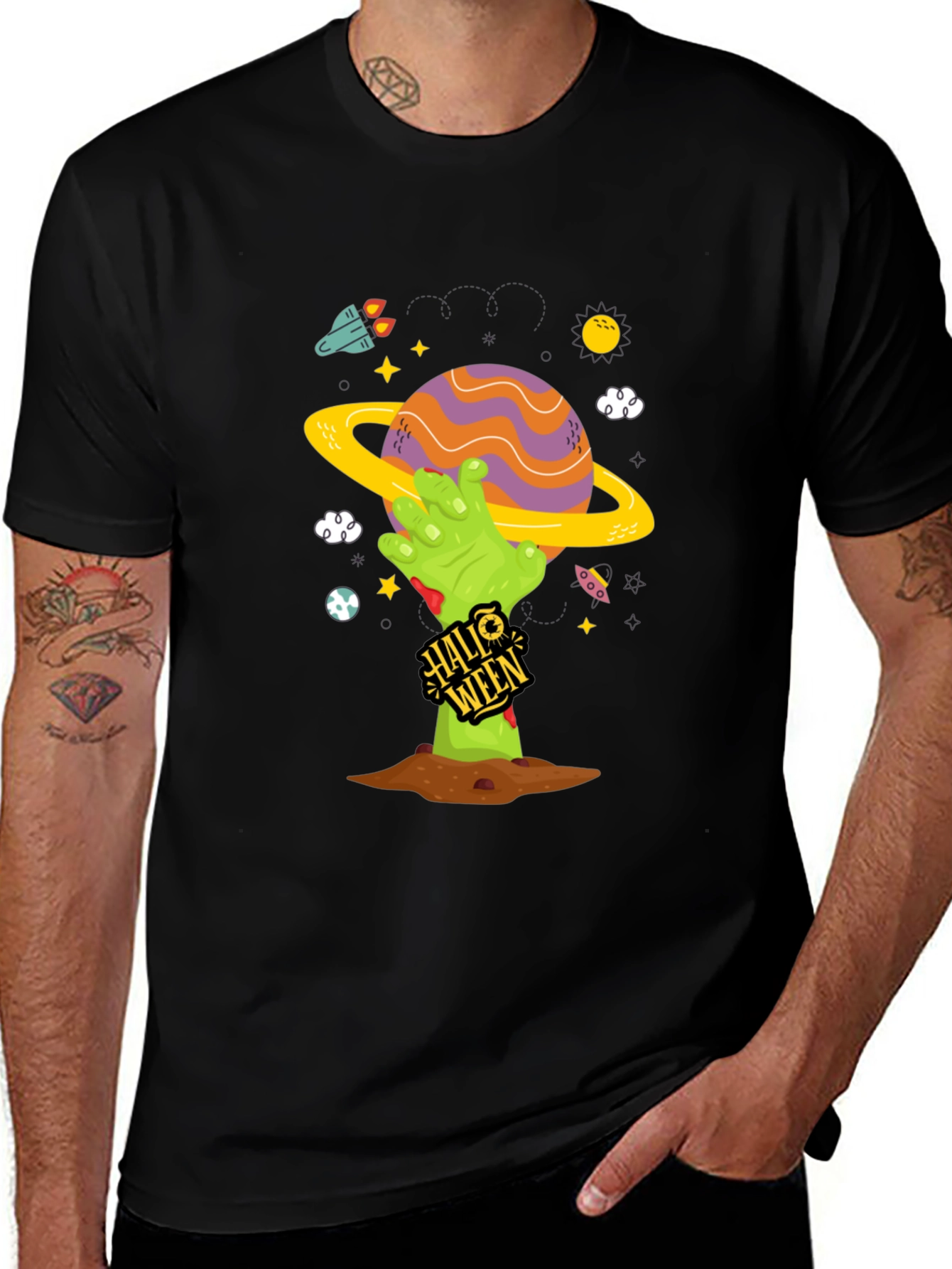 Spooky Halloween Planet T-Shirt - Zombie Hand Tee