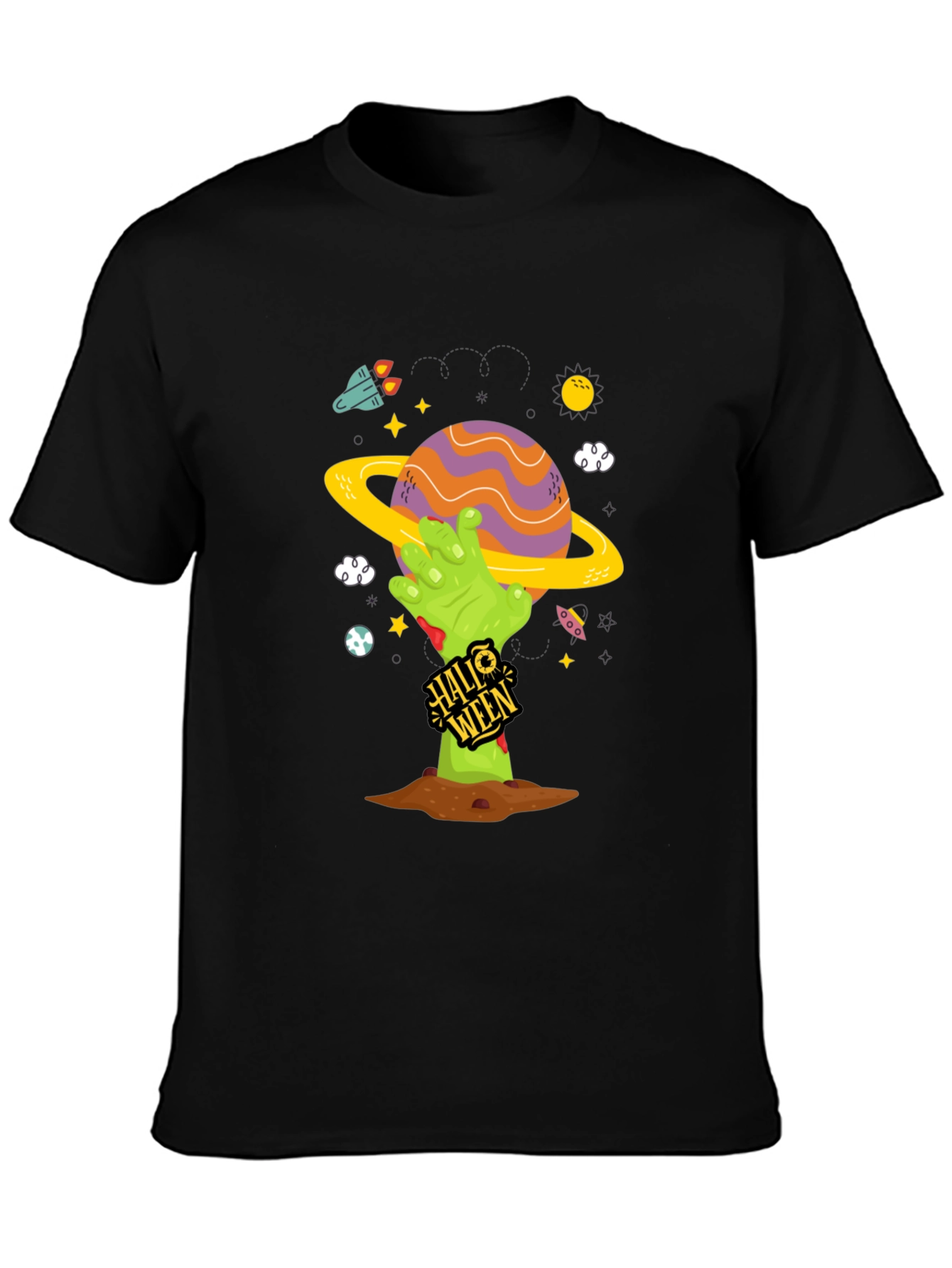 Spooky Halloween Planet T-Shirt - Zombie Hand Tee