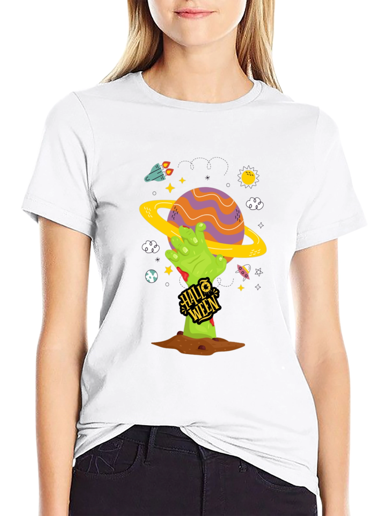 Spooky Halloween Planet T-Shirt - Zombie Hand Tee