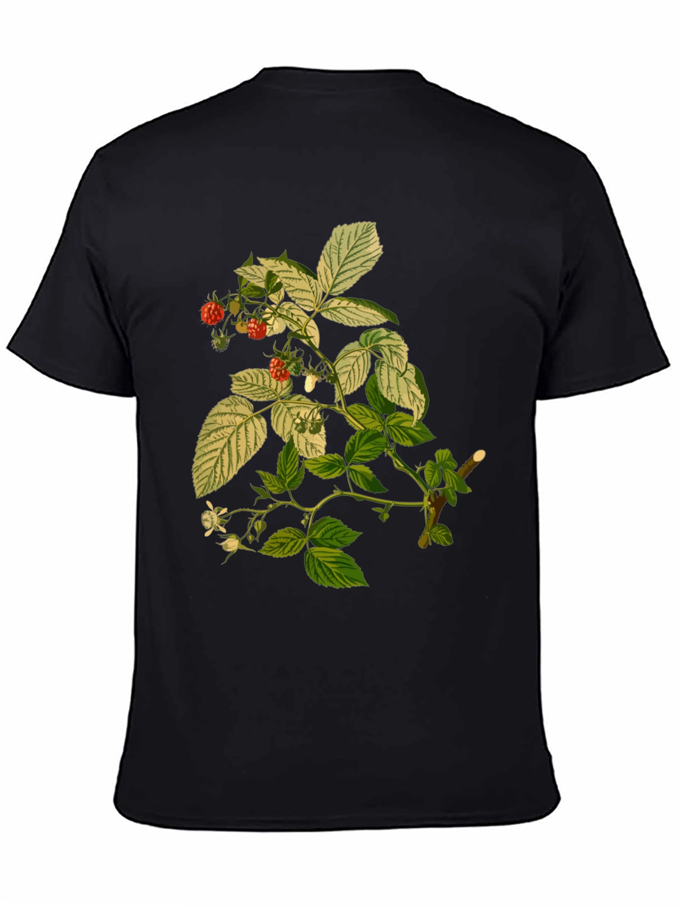 Raspberry Plant Print Black T-Shirt