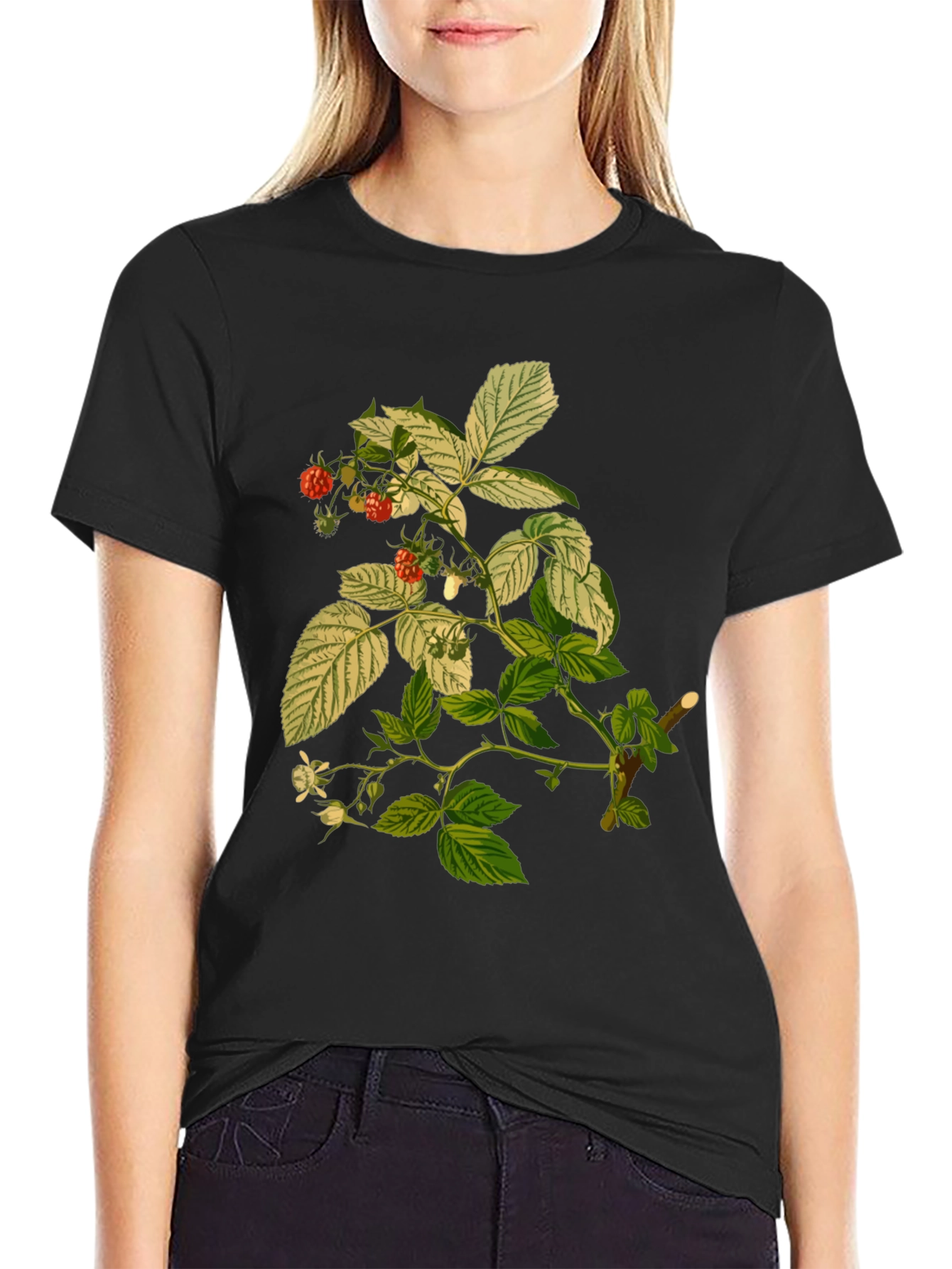 Raspberry Plant Print Black T-Shirt
