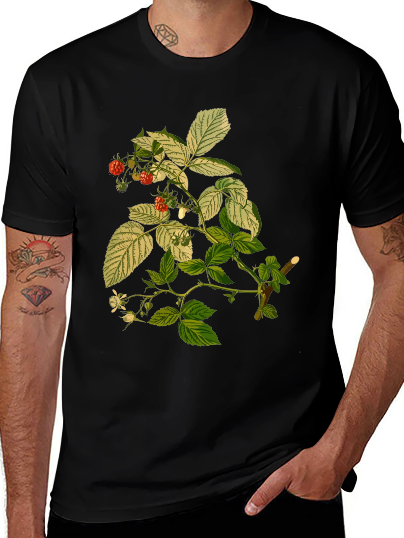 Raspberry Plant Print Black T-Shirt