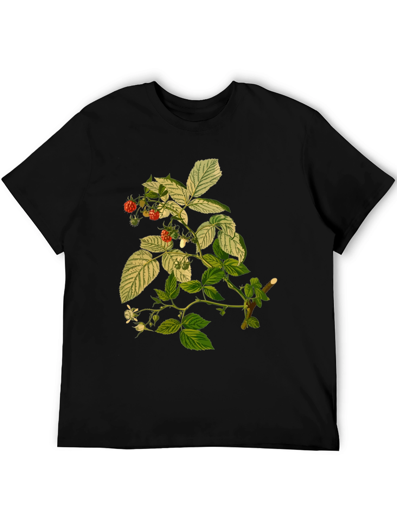 Raspberry Plant Print Black T-Shirt