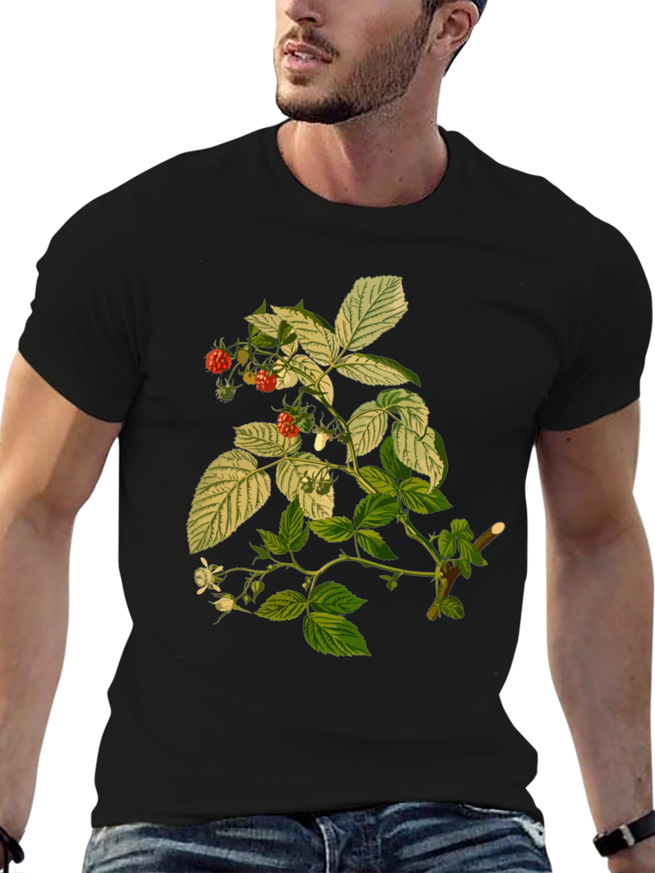 Raspberry Plant Print Black T-Shirt