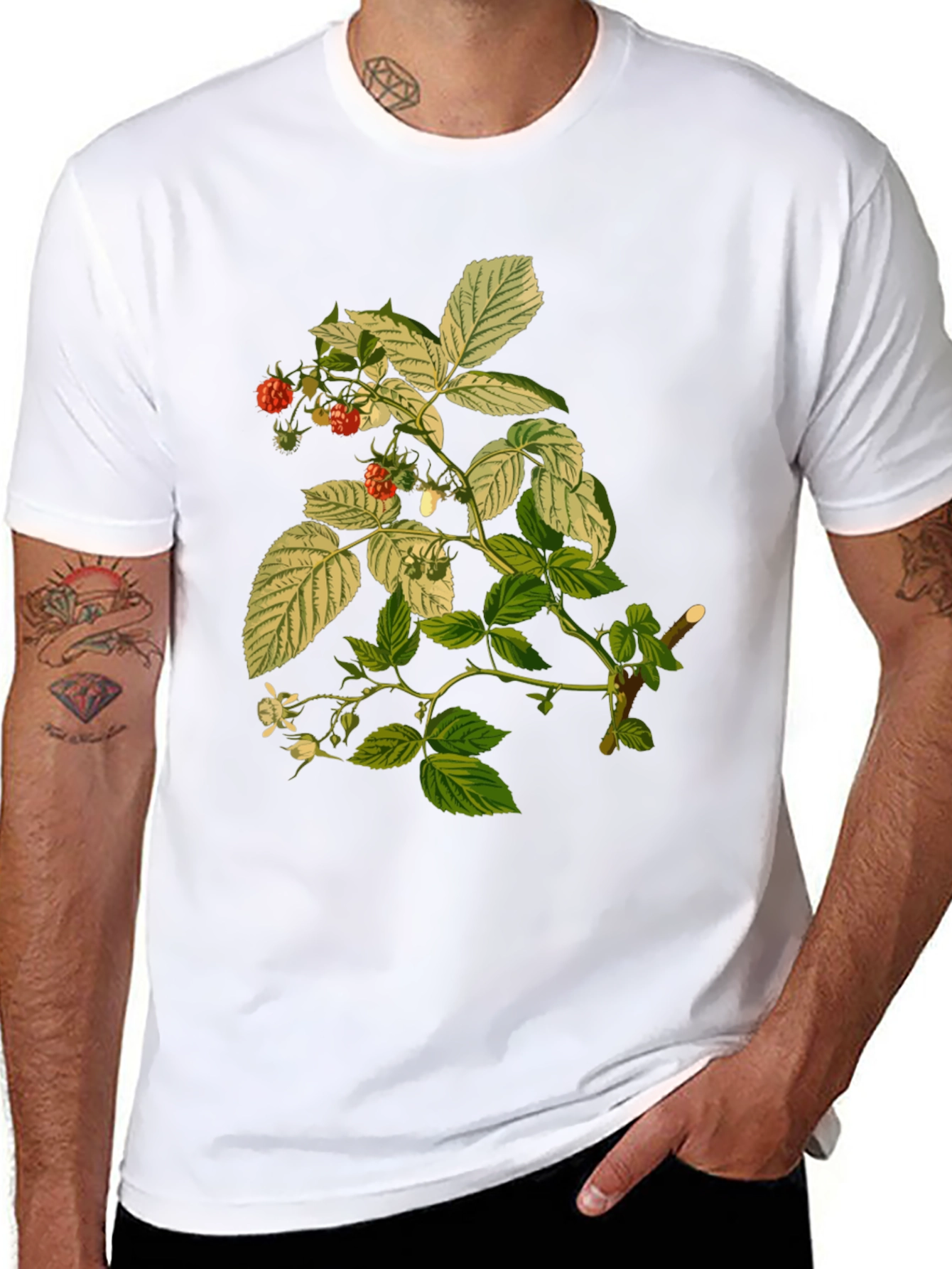 Raspberry Plant Print Black T-Shirt