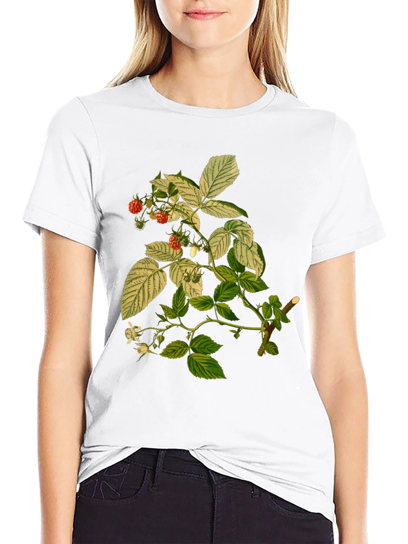 Raspberry Plant Print Black T-Shirt