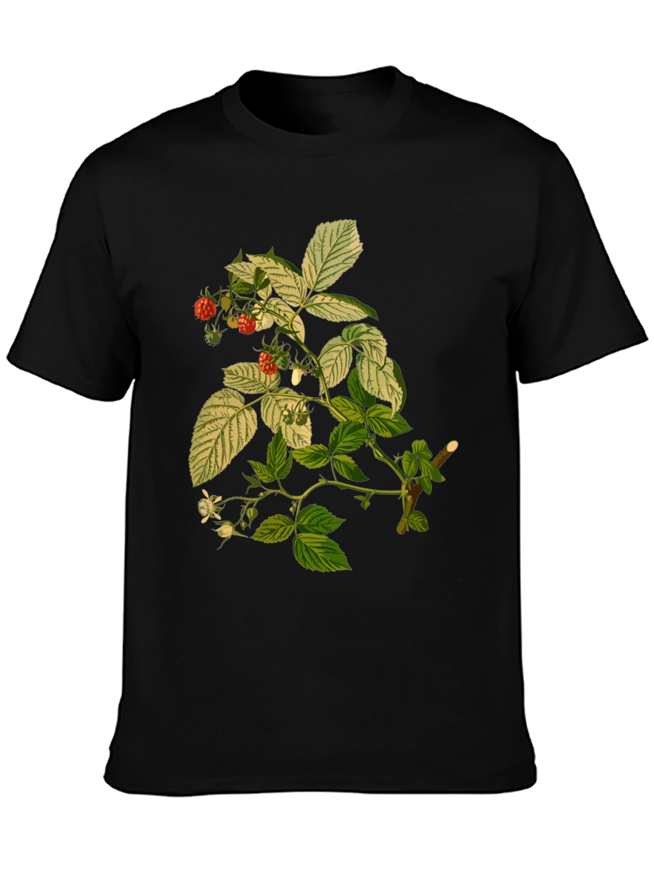 Raspberry Plant Print Black T-Shirt