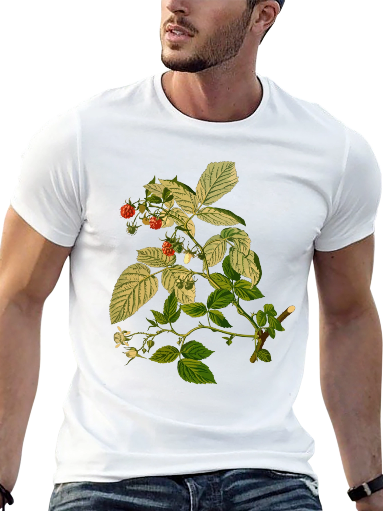 Raspberry Plant Print Black T-Shirt