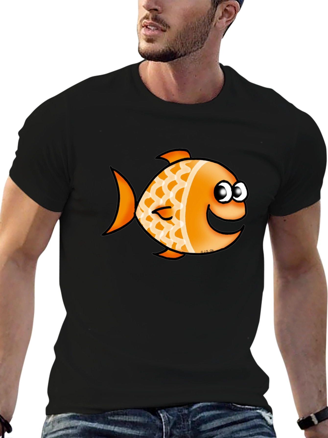 Orange Cartoon Fish Graphic T-Shirt
