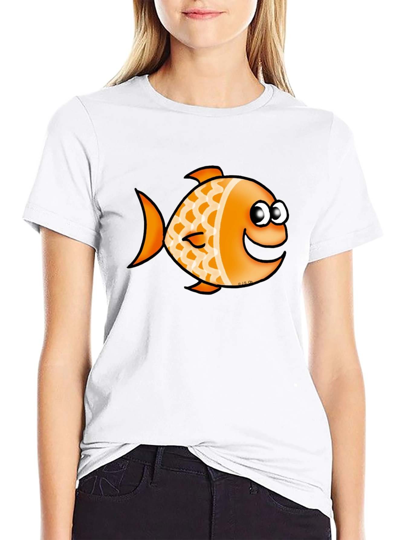 Orange Cartoon Fish Graphic T-Shirt