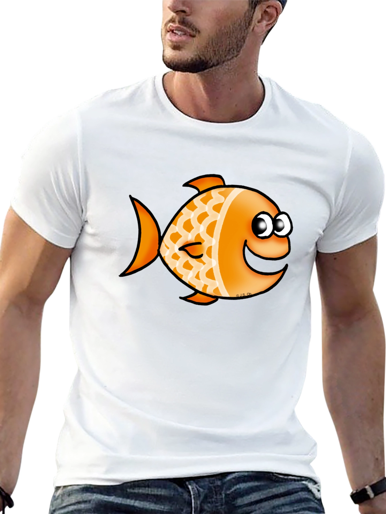 Orange Cartoon Fish Graphic T-Shirt