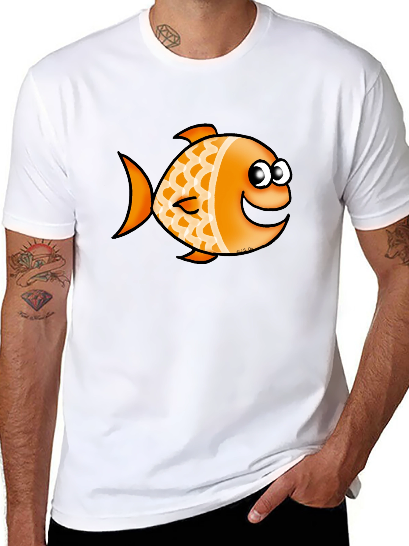 Orange Cartoon Fish Graphic T-Shirt