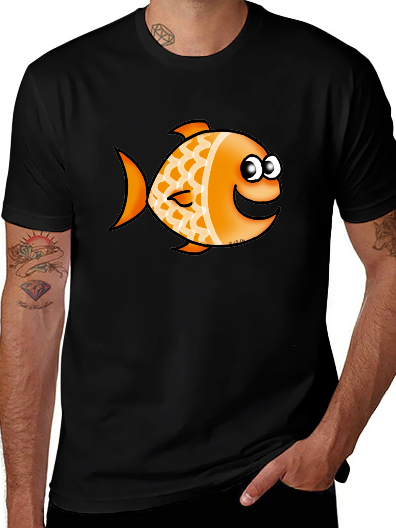 Orange Cartoon Fish Graphic T-Shirt