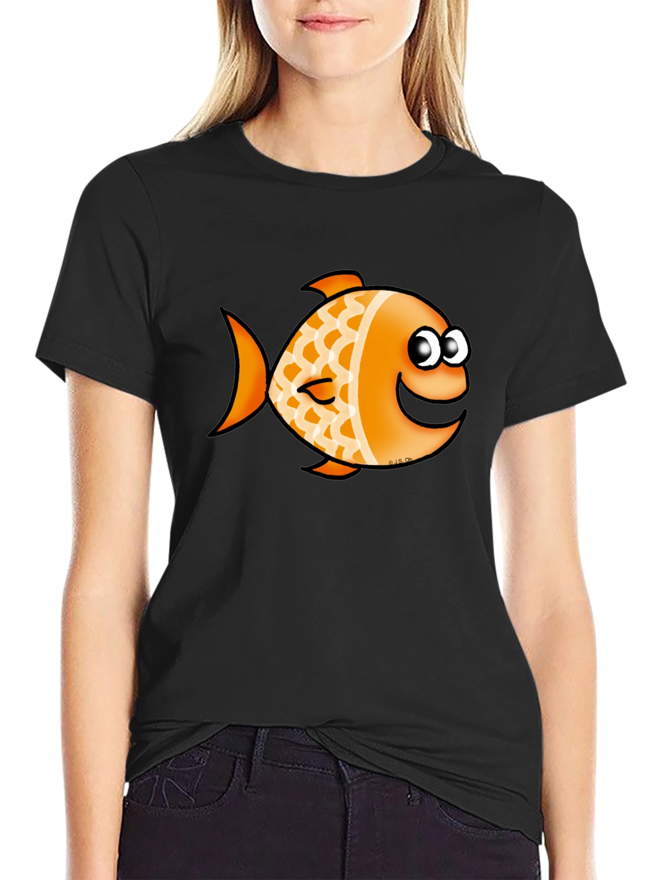 Orange Cartoon Fish Graphic T-Shirt