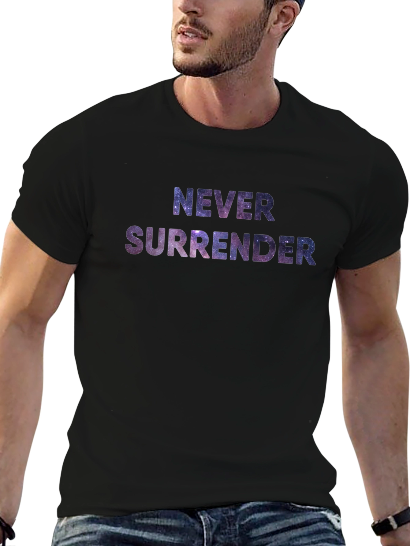 Never Surrender Galaxy Print Black T-Shirt
