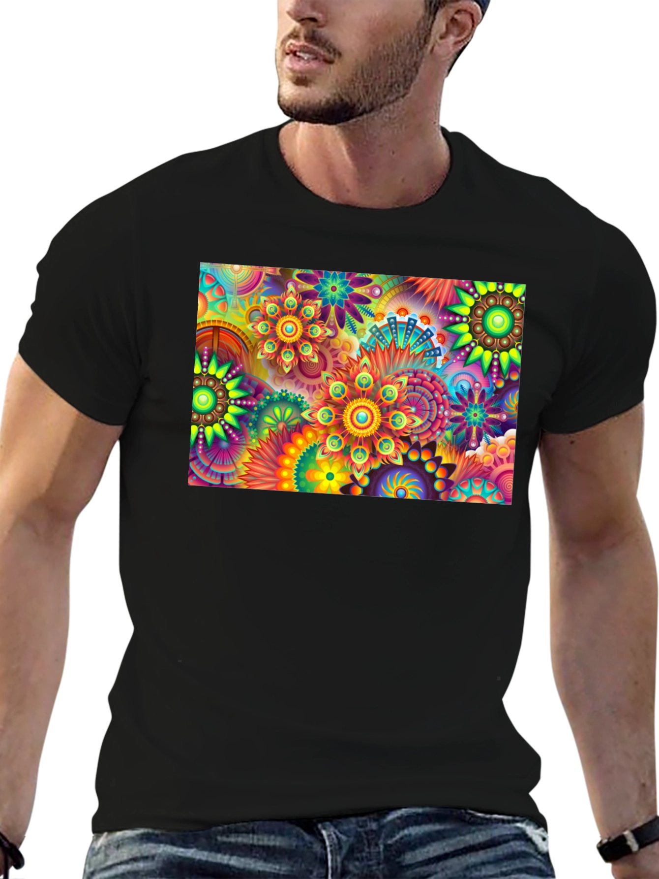 Vibrant Floral Print Black T-Shirt