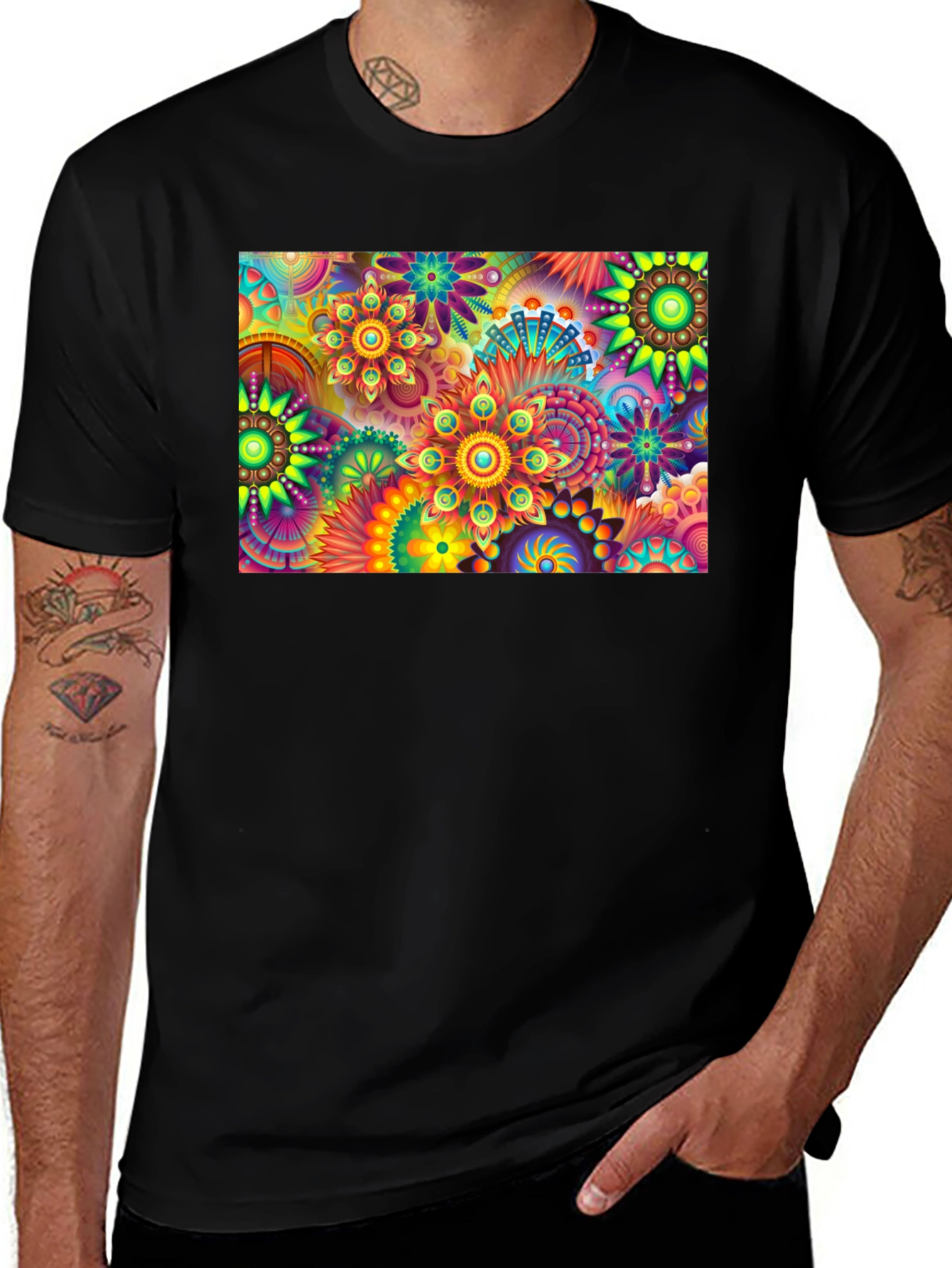 Vibrant Floral Print Black T-Shirt