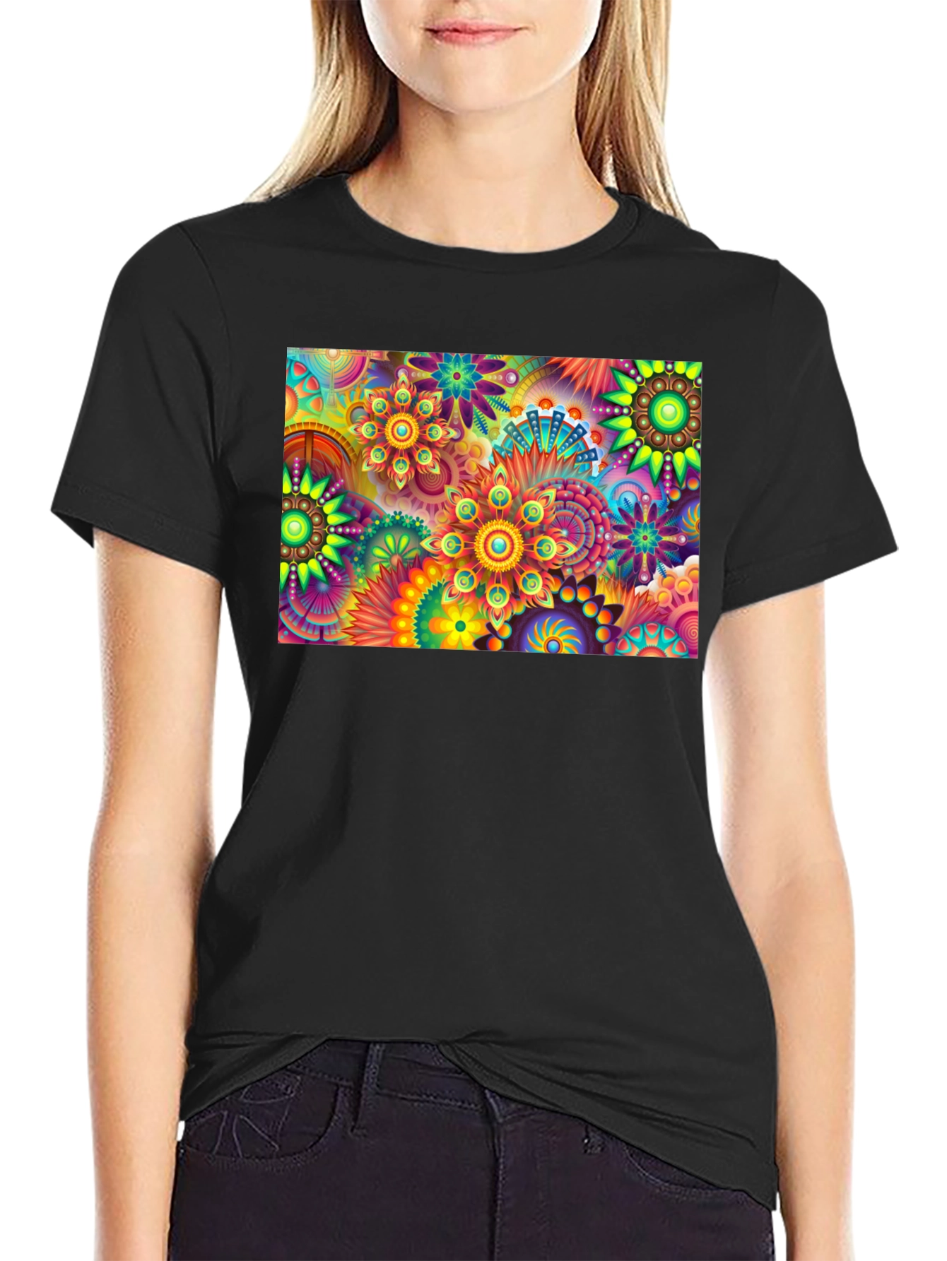Vibrant Floral Print Black T-Shirt