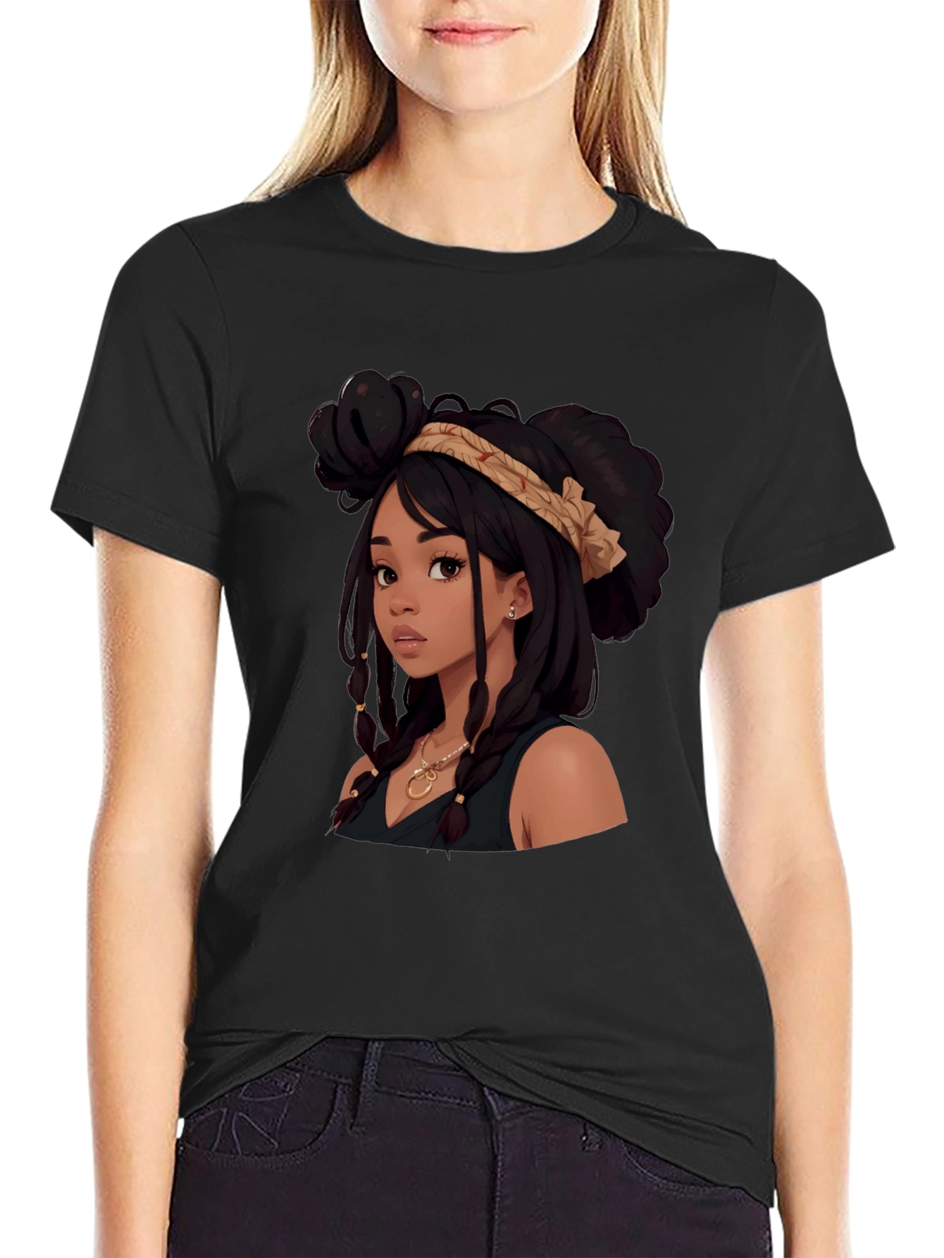 Stylish Cartoon Girl Graphic Tee - Black