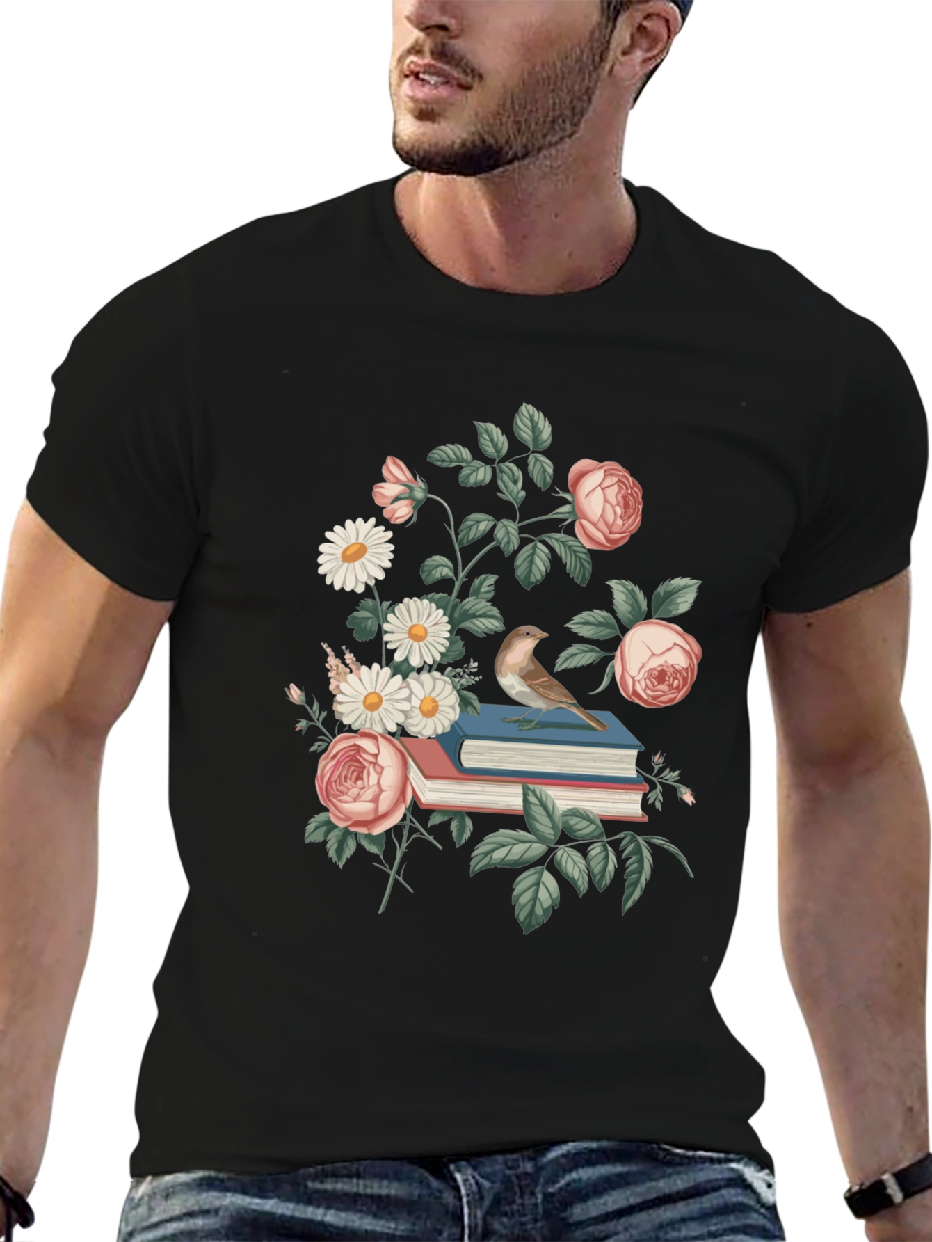 Floral Books T-Shirt - Literary Bird Tee
