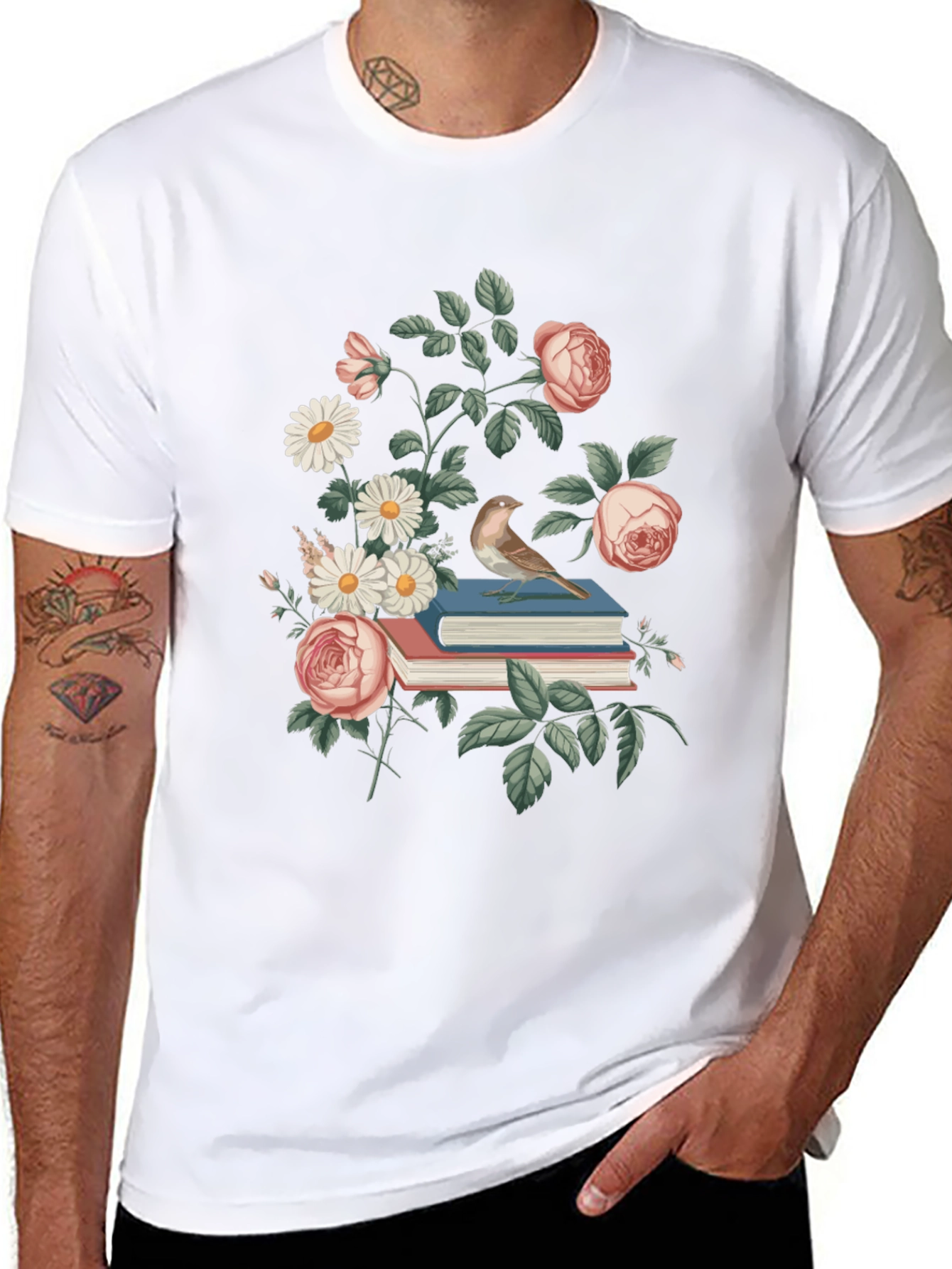Floral Books T-Shirt - Literary Bird Tee