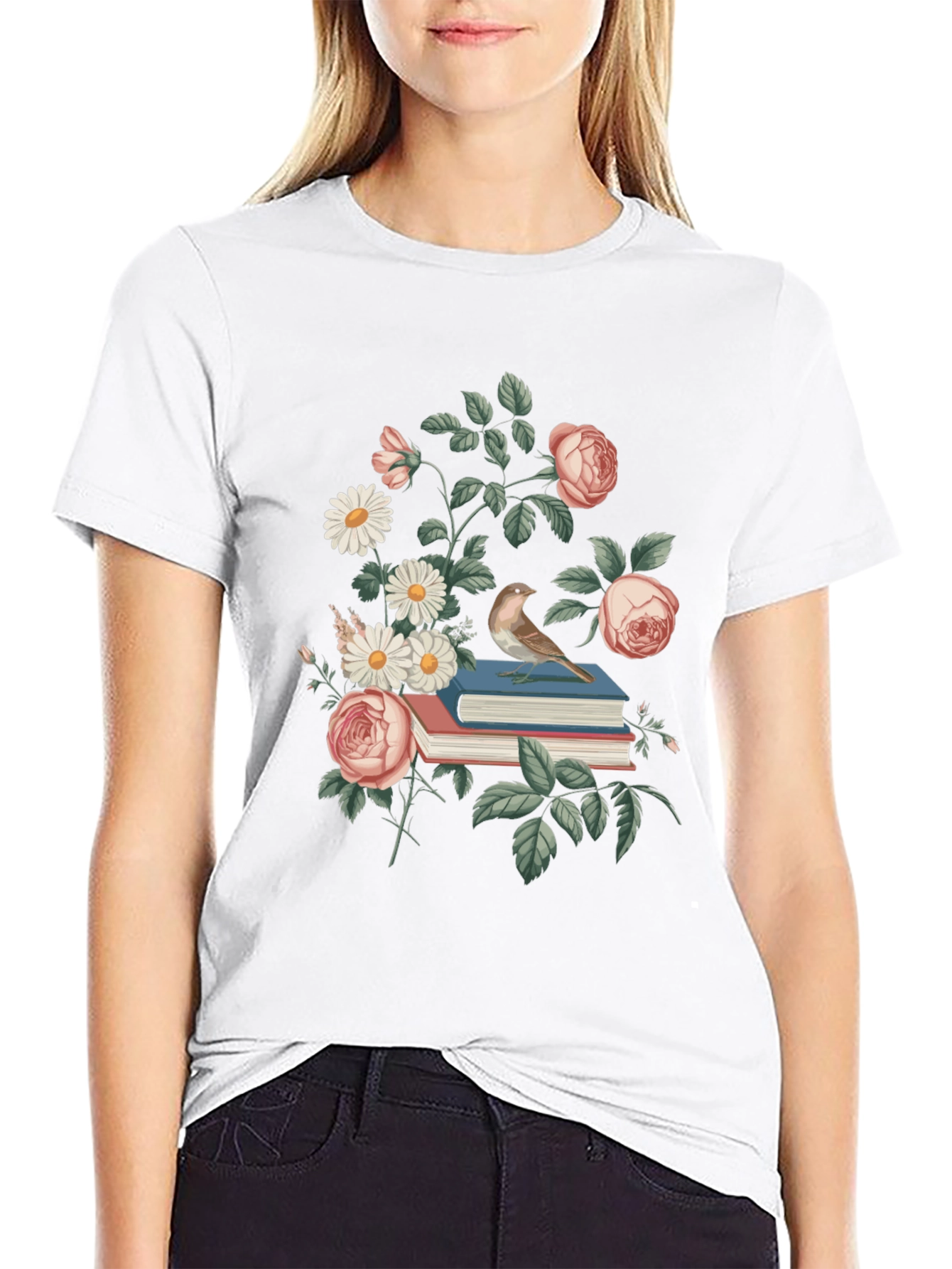 Floral Books T-Shirt - Literary Bird Tee