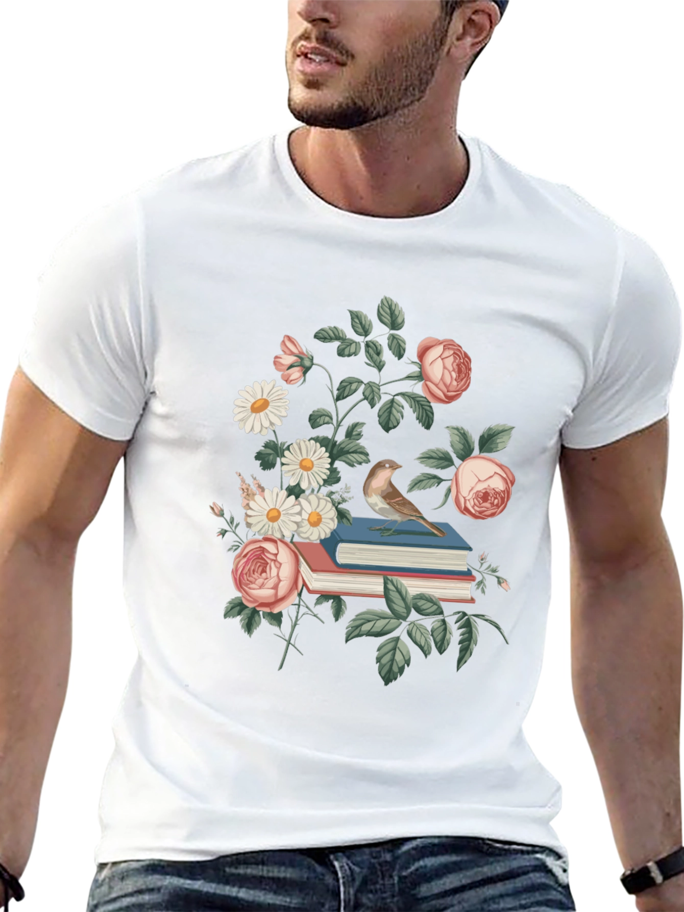 Floral Books T-Shirt - Literary Bird Tee