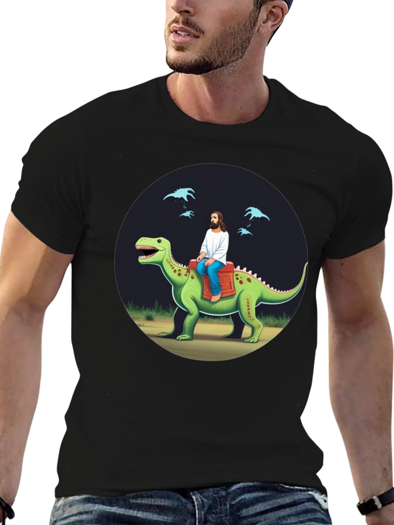 Jesus Riding Dinosaur Graphic Tee
