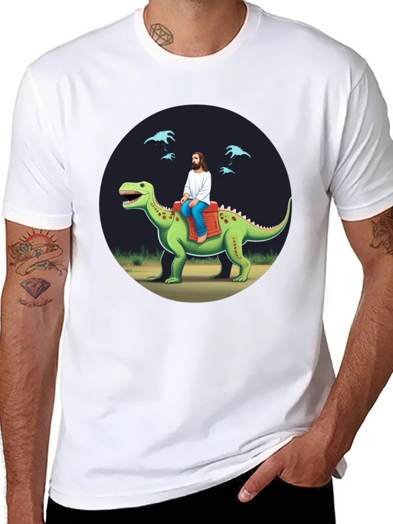 Jesus Riding Dinosaur Graphic Tee