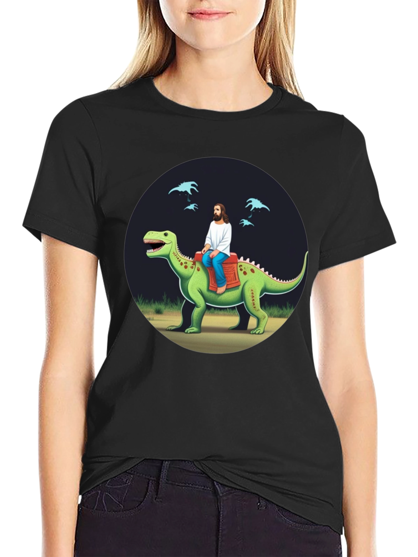 Jesus Riding Dinosaur Graphic Tee