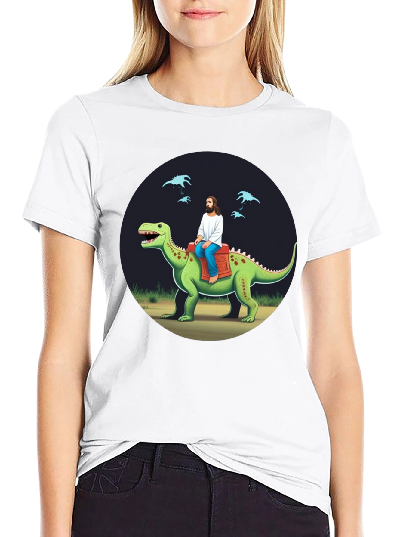 Jesus Riding Dinosaur Graphic Tee
