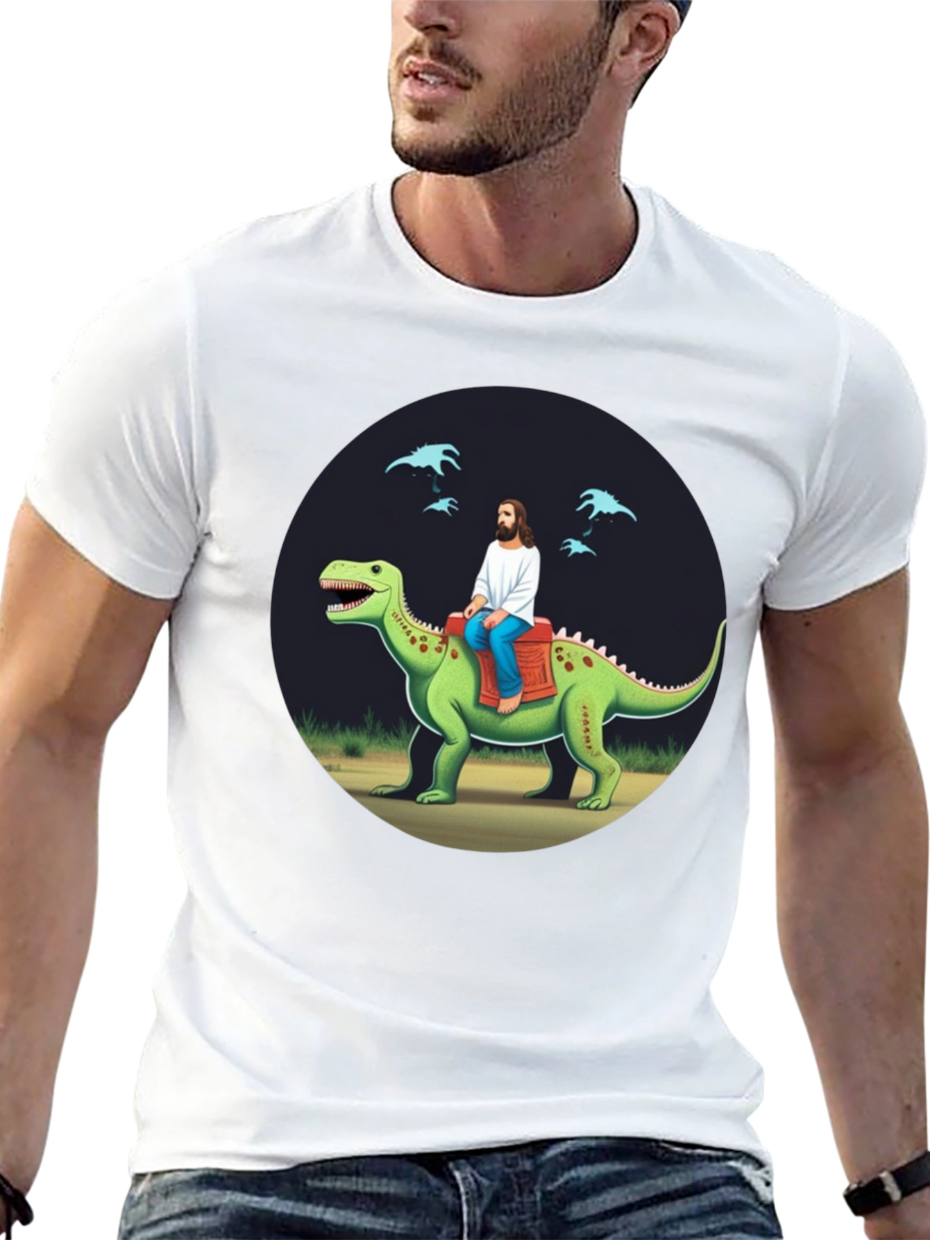 Jesus Riding Dinosaur Graphic Tee