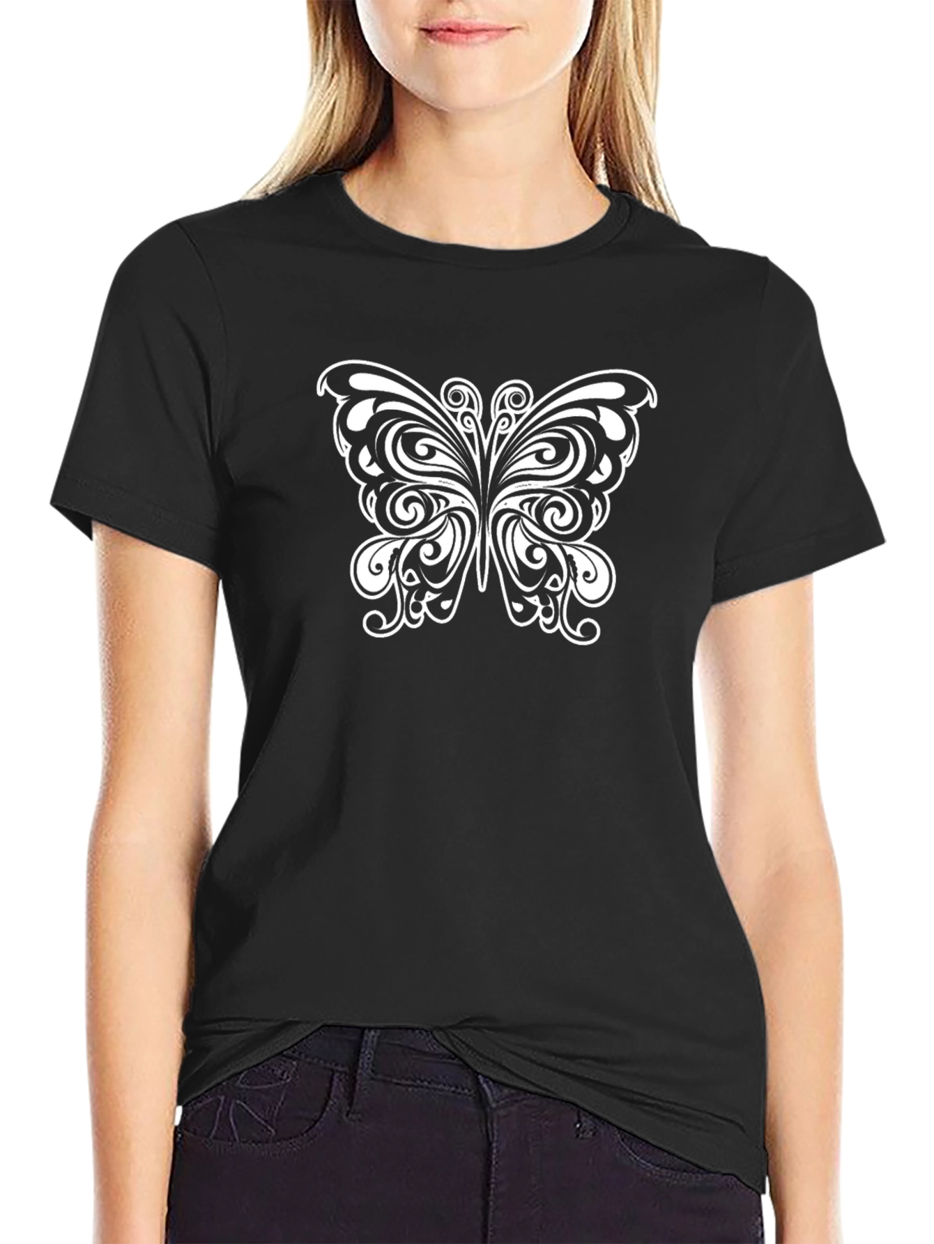 Elegant Butterfly Graphic Tee - Black
