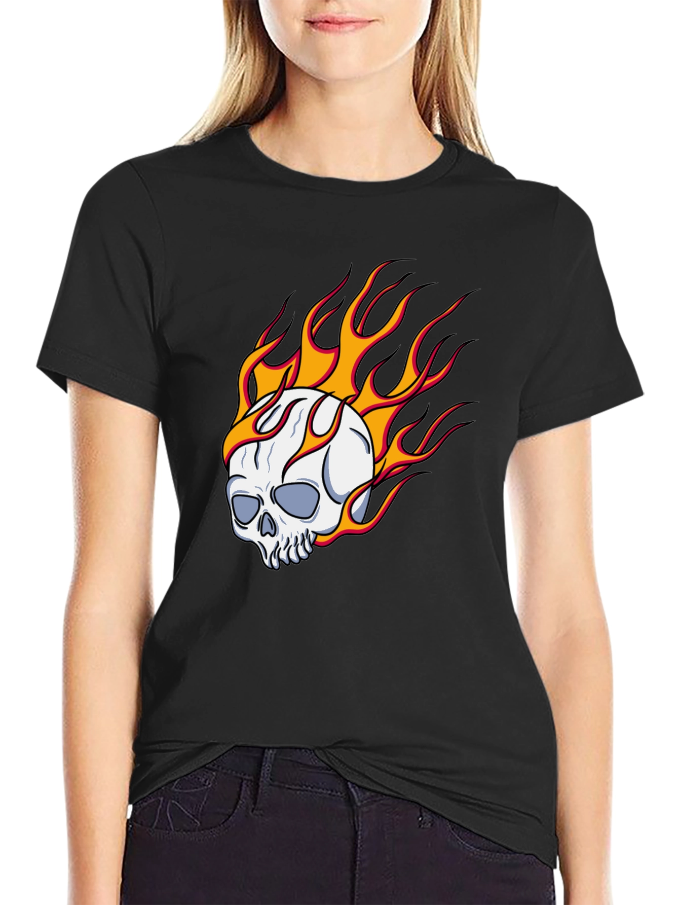 Skull On Fire Graphic Tee - Bold Black T-Shirt