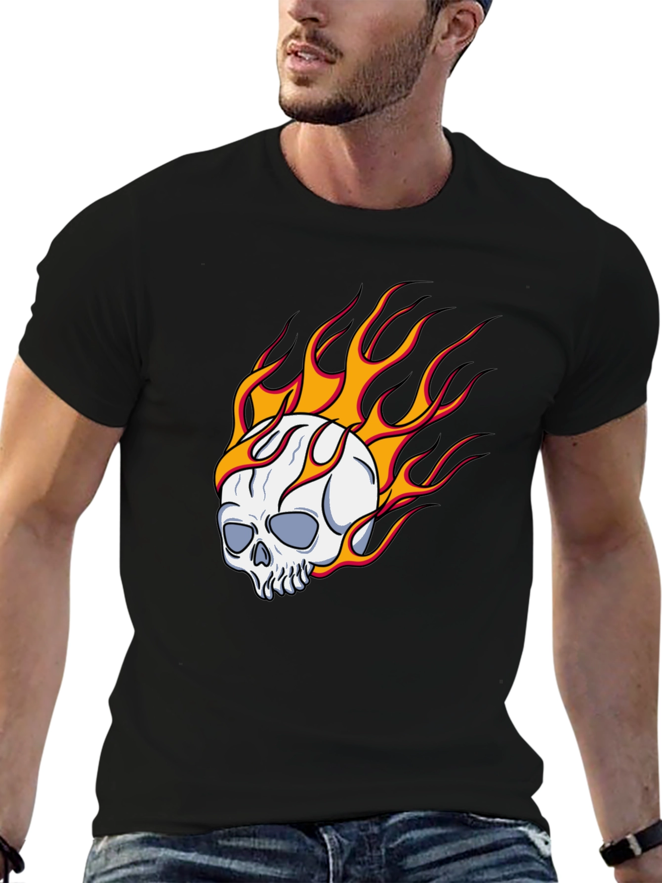 Skull On Fire Graphic Tee - Bold Black T-Shirt