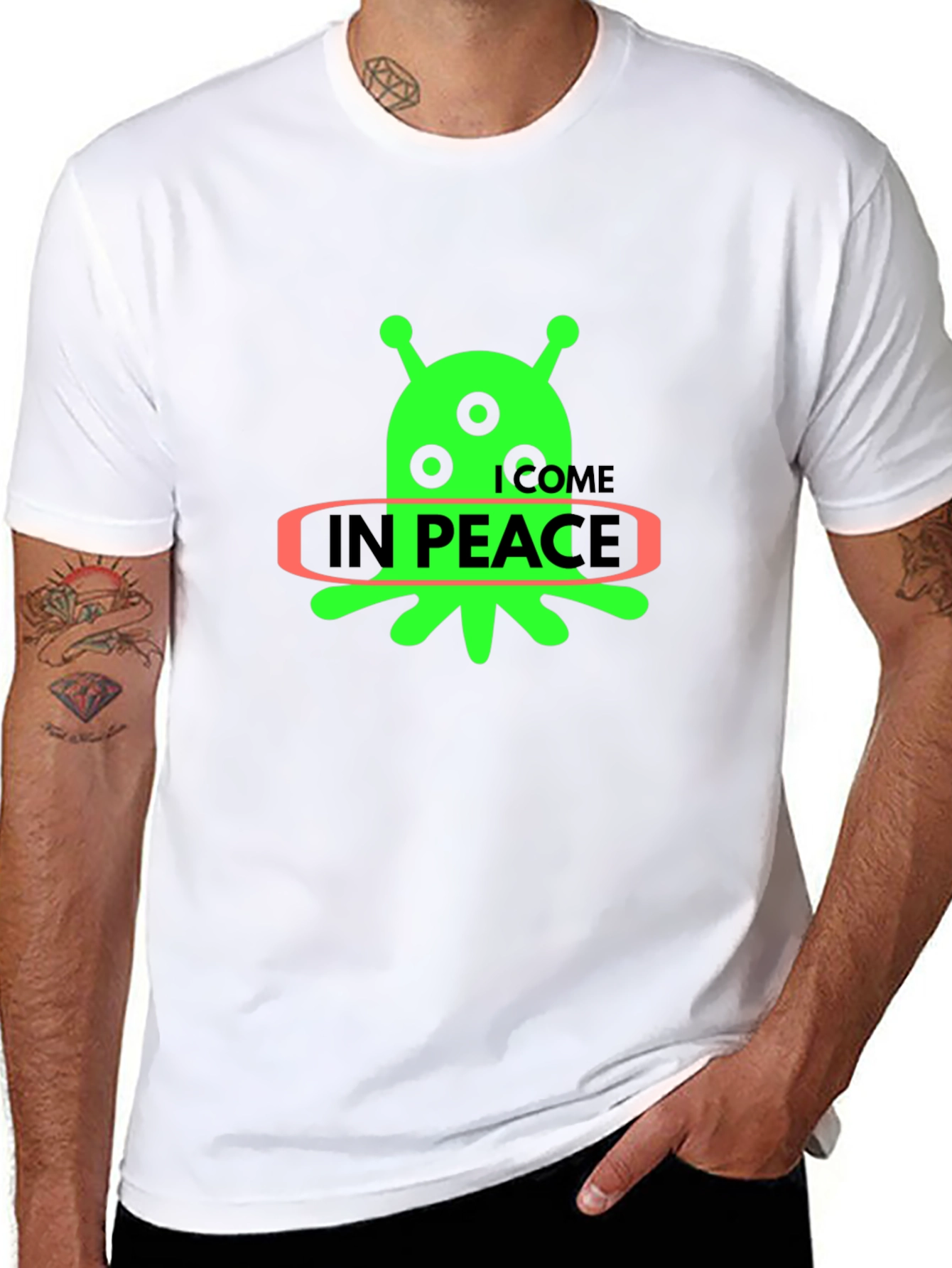 Alien In Peace Graphic T-Shirt - Black Cotton Blend