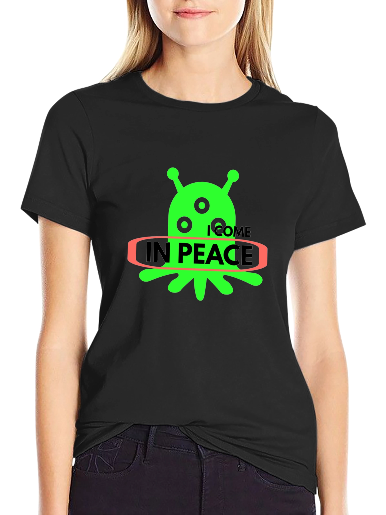 Alien In Peace Graphic T-Shirt - Black Cotton Blend