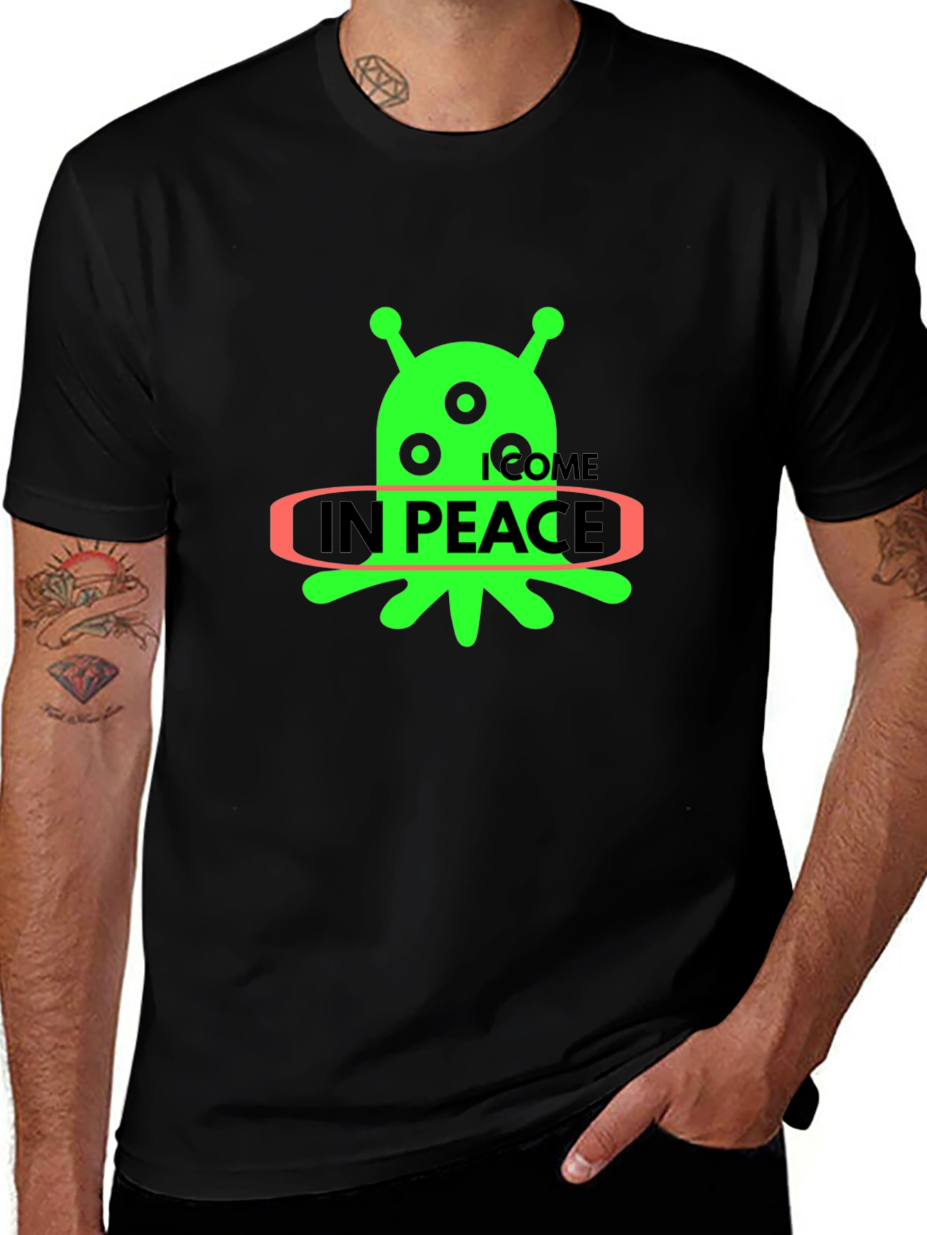 Alien In Peace Graphic T-Shirt - Black Cotton Blend