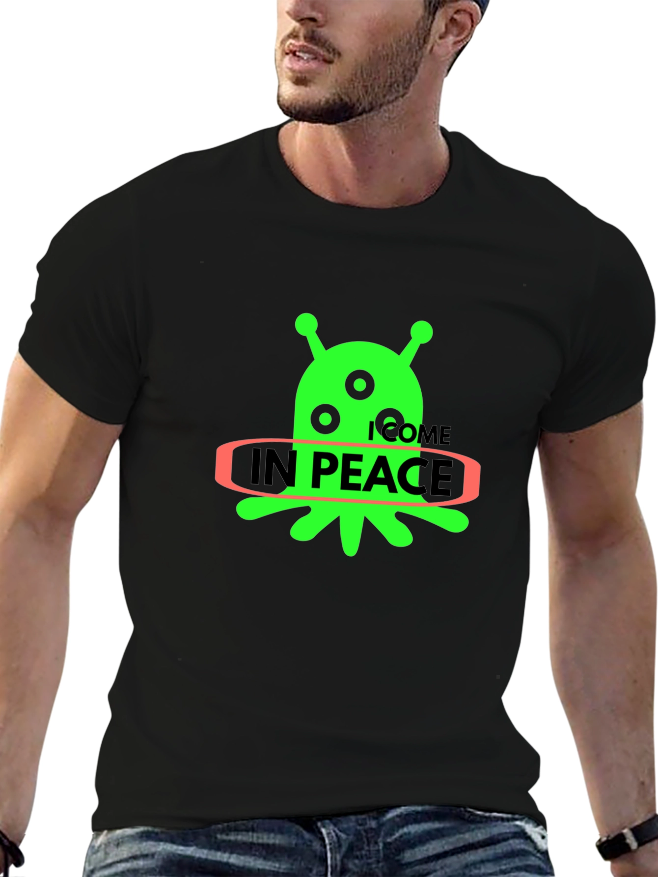 Alien In Peace Graphic T-Shirt - Black Cotton Blend