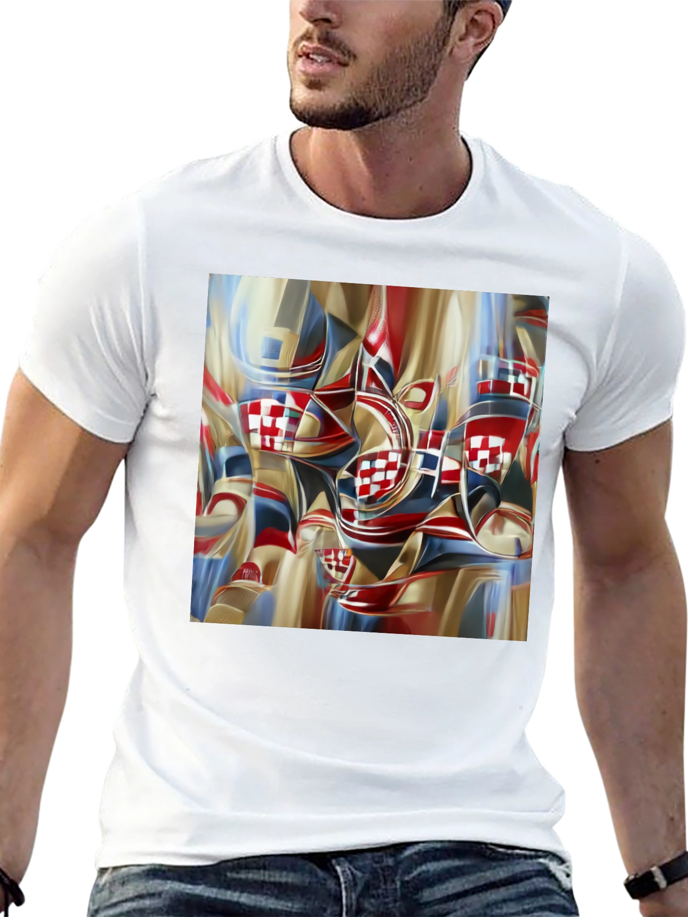 Abstract Checkerboard Print Black T-Shirt