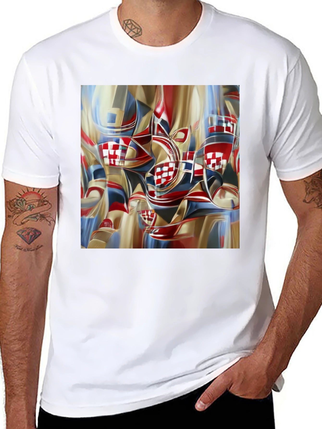 Abstract Checkerboard Print Black T-Shirt