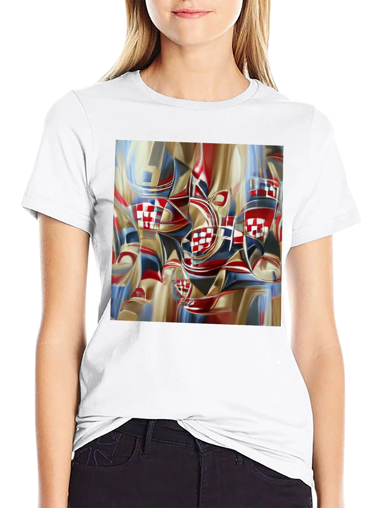 Abstract Checkerboard Print Black T-Shirt