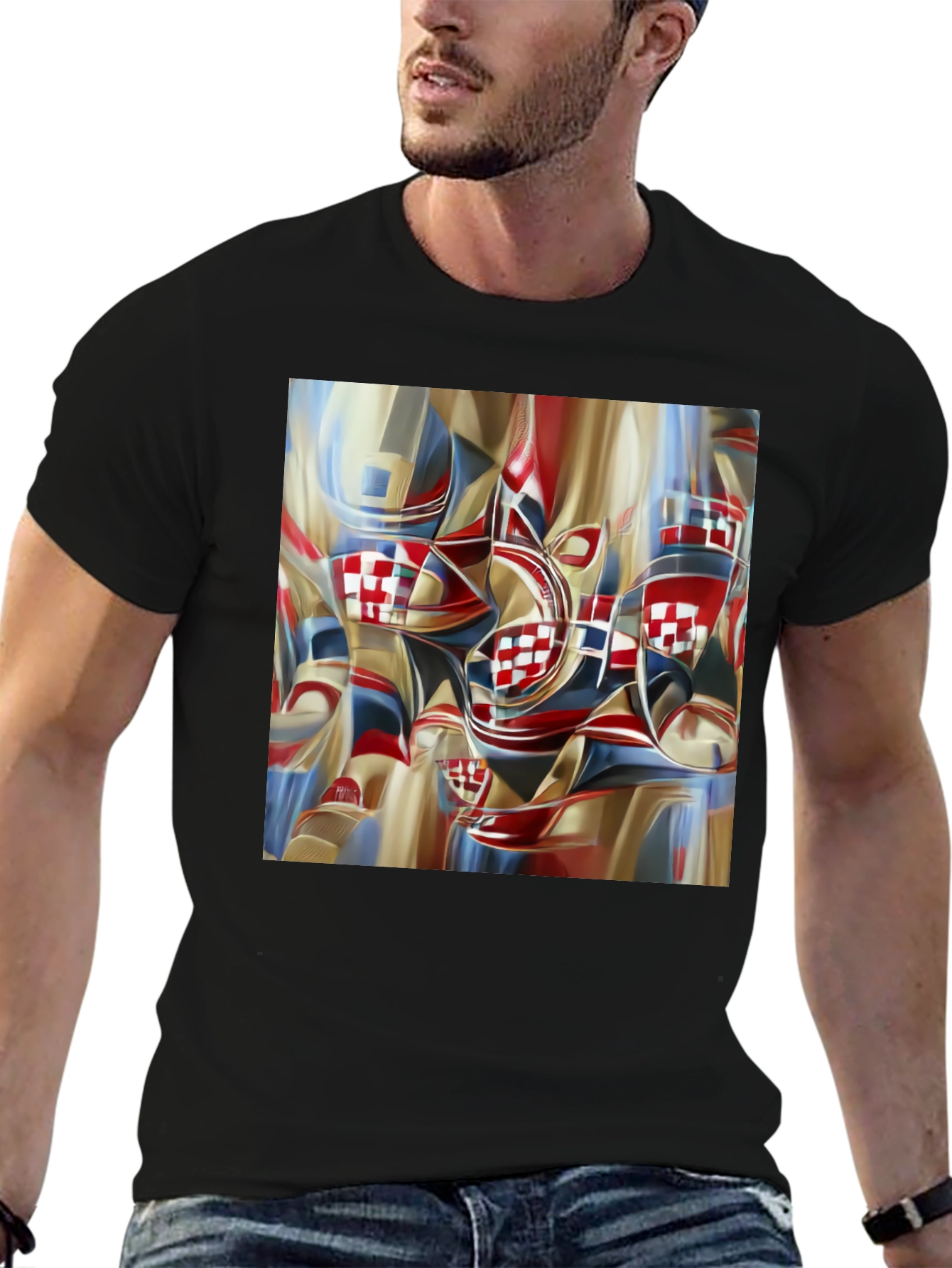 Abstract Checkerboard Print Black T-Shirt