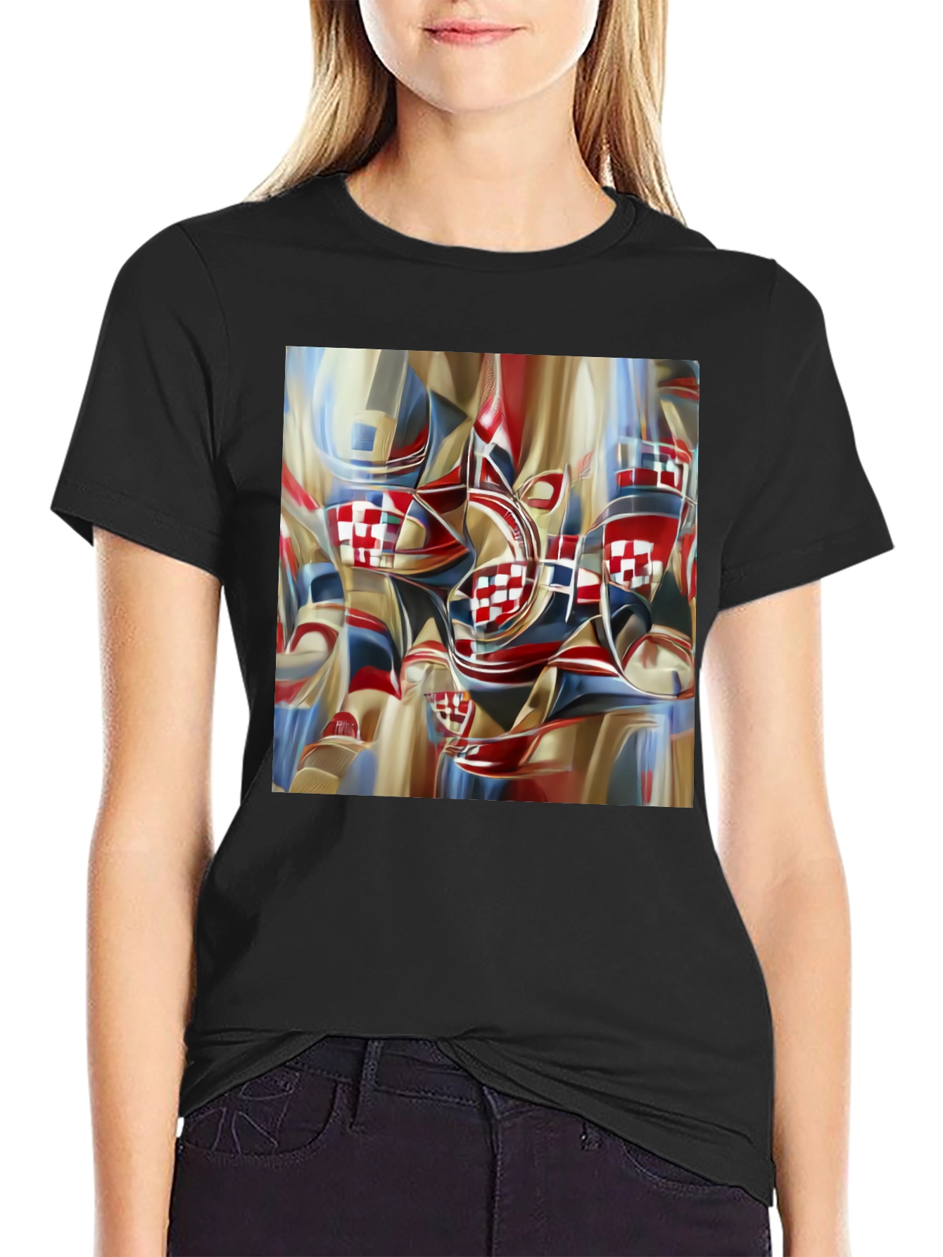 Abstract Checkerboard Print Black T-Shirt