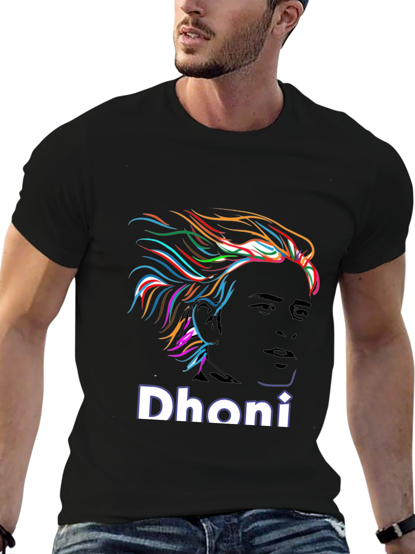 Dhoni Portrait Graphic Print Black T-Shirt