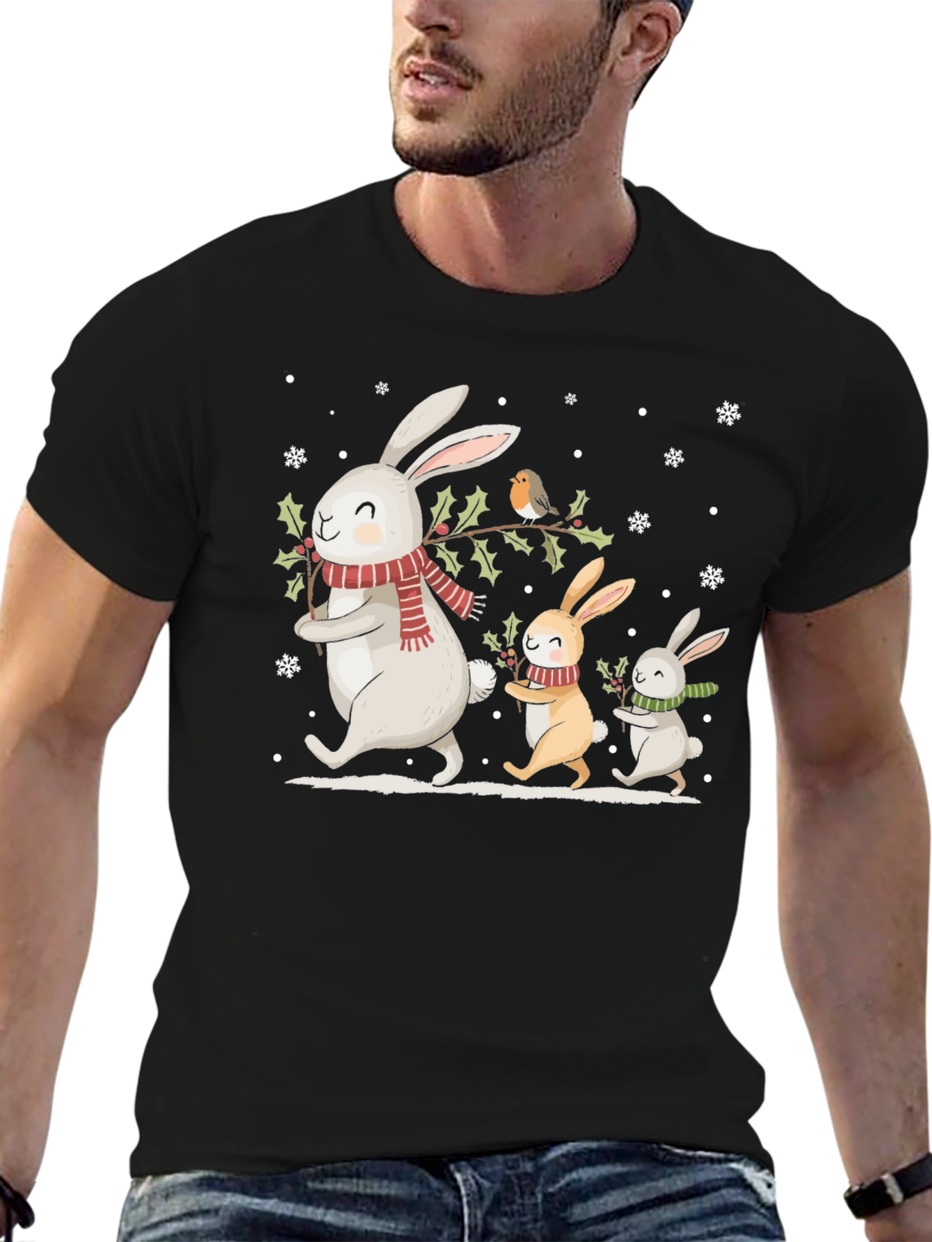 Festive Bunny Family Black T-Shirt