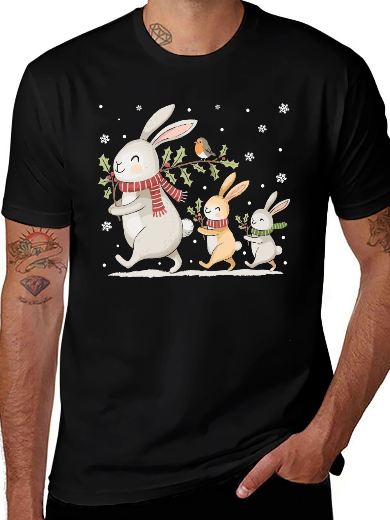 Festive Bunny Family Black T-Shirt