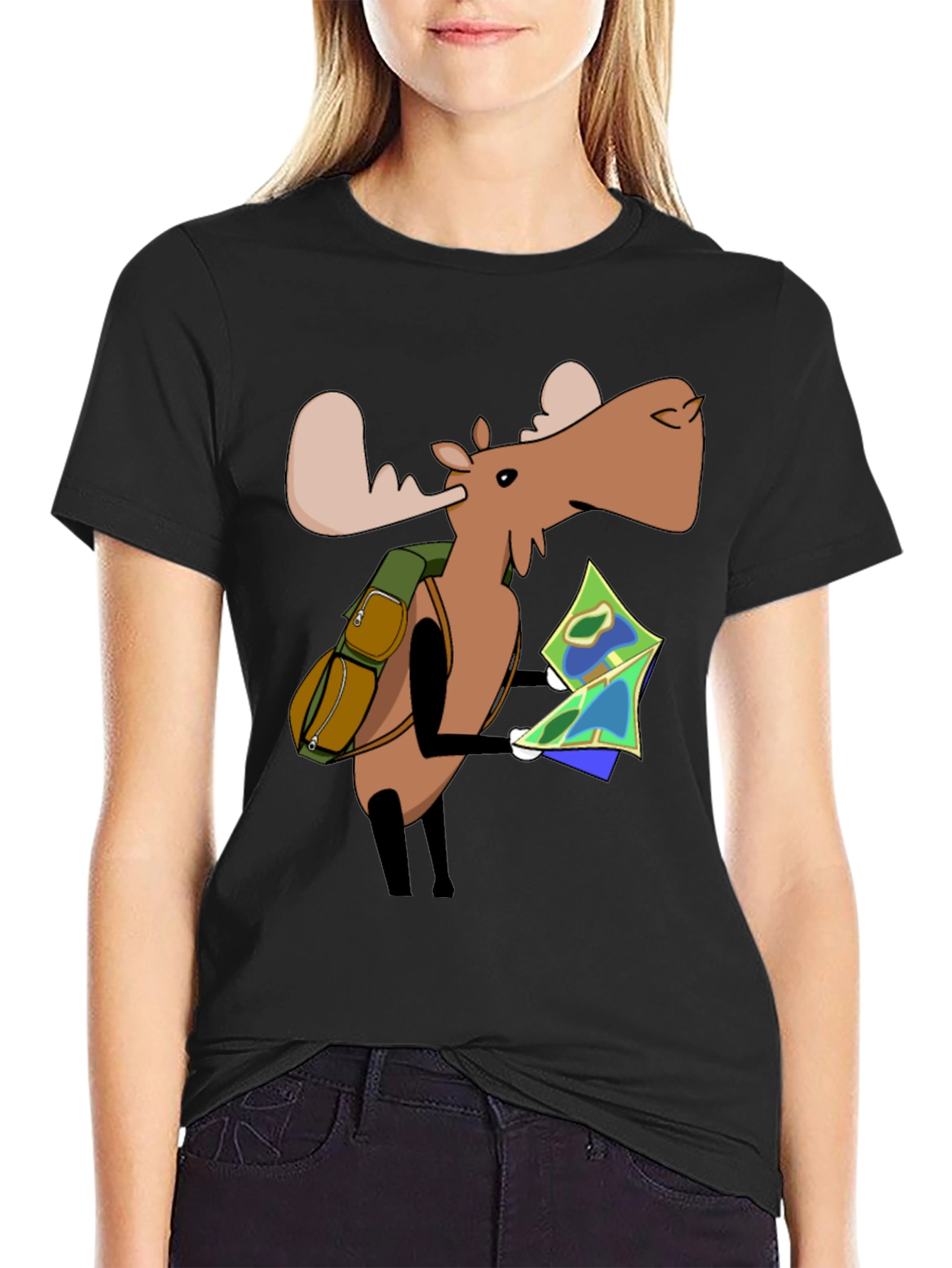 Cartoon Moose with Map T-Shirt - Black