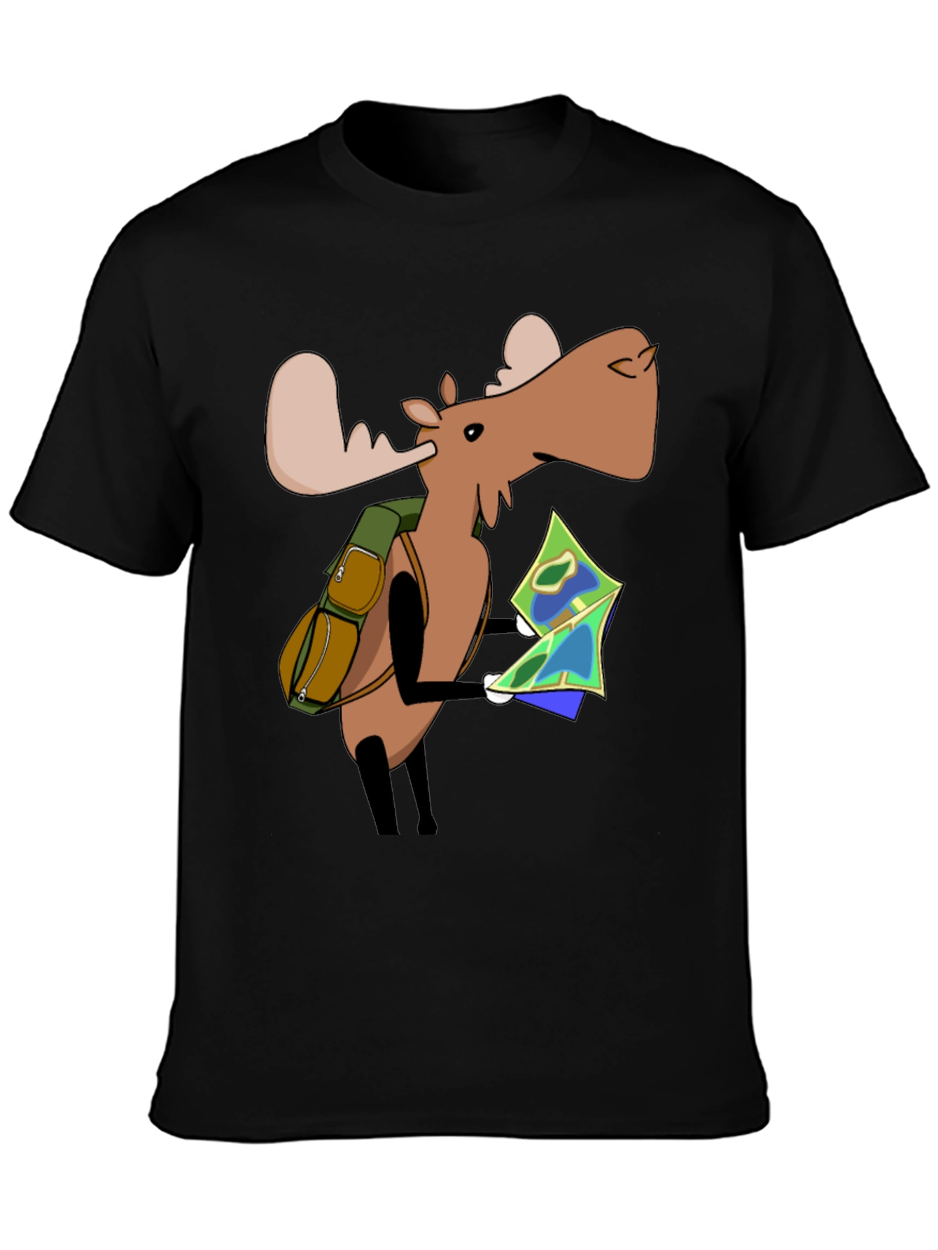 Cartoon Moose with Map T-Shirt - Black